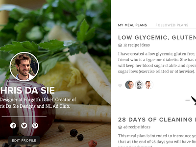 Meal Planning Profile page clean meals profile recipes scroll typography ui