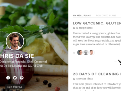 Meal Planning Profile page clean meals profile recipes scroll typography ui