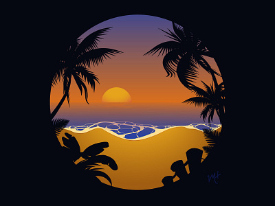 Sunset Beach Sillouette Illustration