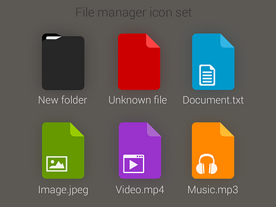 File manager icon set document file flat iconography icons image manager music newfolder set unknown video