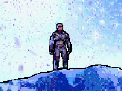 Pixel Solider on Snowy Cliff abstract artwork color palette design illustration vector