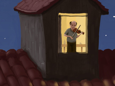 »Fiddle over the roof« Final fiddle illustration painting