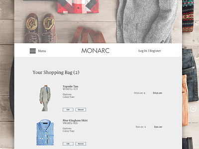 Monarc Shopping Bag cart clean ecommerce menswear minimalist shopping suits ui ux website