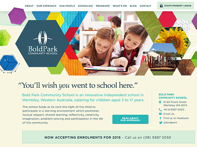 Bold Park website children colourful education hexagons nav palatino school website