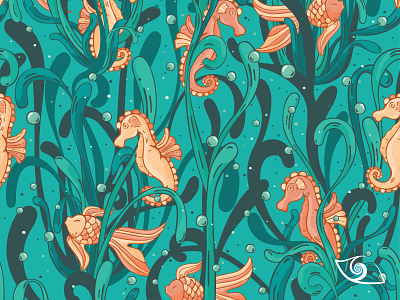 Cute underwater seahorse & fish in seaweed pattern 人◕ ‿‿ ◕人｡༅･ﾟ affinity designer bubbles cute daily design fish flat illustration green illustration ocean pattern sea creatures seahorse seamless pattern seaweed stock underwater vector vector illustration