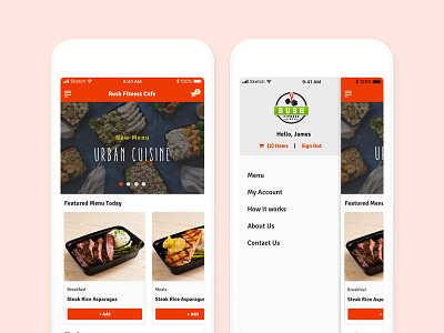 Rush Fitness Cafe food delivery healthy meal delivery homescreen ui mobile e commerce mobile ui pre made food delivery