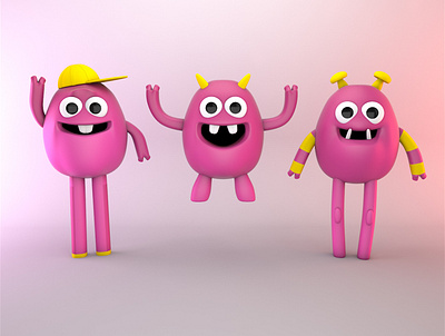 Pink monsters family 3d c4d character cinema 4d design family illustration jump monster