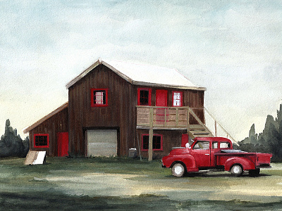 Red canada chevy country illustration travel watercolor