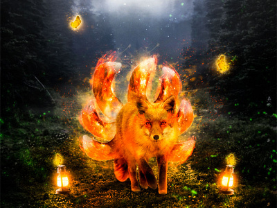 Magical kitsune Japanese Fox Mythology Digital Art mattepainting poster