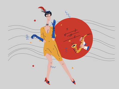 Jazz night vibes adobe branding dancing woman digital digital illustration flat style gatsby hand drawn jazz jazz illustration procreate retro aesthetic retro design saxophone vector