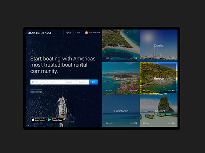 Boater.pro boat cargo desktop fullscreen interface landing rent sea site startup ui ux web yacht