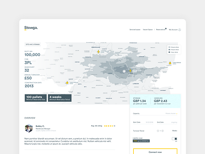 Warehouse rental site app logistics map minimal proptech ui ui design warehouse web