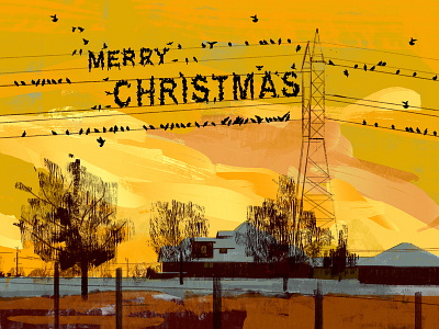 Merry Christmas card childrenbook cover illustration landscape lights