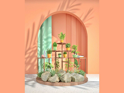 Orange Garden 3d 3d art 3d artist 3dgraphics 3drender 3drendering art c4dart cinema4d comfortable decor design designs garden green livingroom orange plants rendering rock