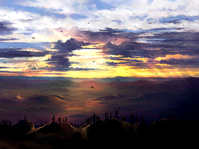 Seeking new land clouds digital illustration digital painting drawing illustration sky sunset