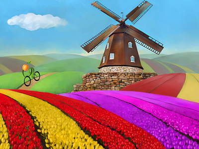 Wild Apricot • Calendar • Around the World • Holland bike digital illustration digital painting drawing fiels holland illustration mill peonies