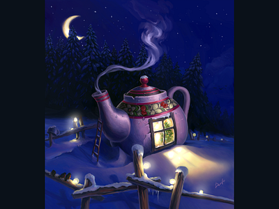 TeaHouse in Lapland digital illustration digital painting drawing illustration light moon night teapot winter