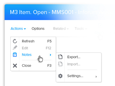 Dropdown Menu UI with Icons app design blue cancel clean close cool design dropdown edit export gui icons import interface menu minimal notes refresh settings theme ui web design white