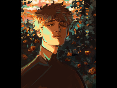Sunset art artwork boy character color didgital didgitalart flowers guy illustraion nature palette portrait sunset