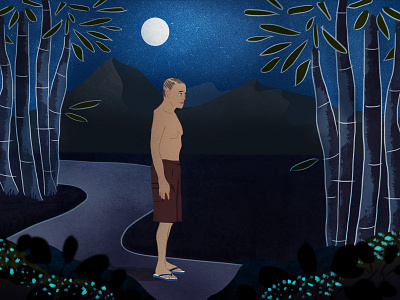 grandpa in the moonlight of the night asia asian blue culture drawing grandpa graphic illustration moon night thailand villagelife