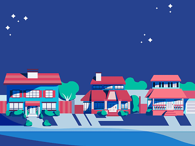 Suburbs blue flat house illustration night vector