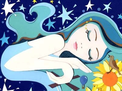 Top Sante Dreams bird collage dreaming dreams girl illustration night nighttime sleep stars sunflower