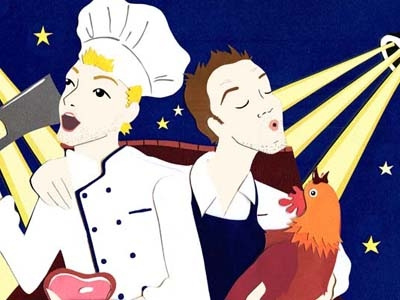 Pleased to Eat you 2nd Postcard chef chicken collage comedy cook cooking film illustration musical nighttime postcard stars