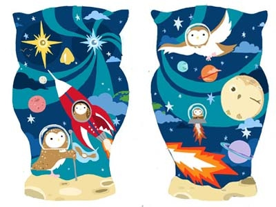 The Big Hoot astronaut exhibition illustration moon owl owls planets rocket space spaceman star stars