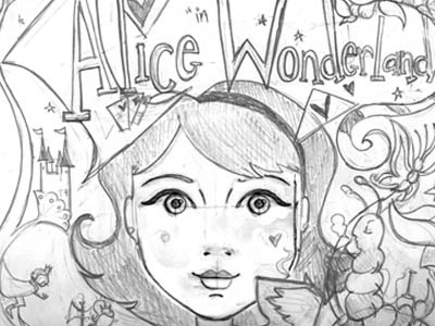 Alice in Wonderland Sketch alice in wonderland animals butterfly castle cat caterpillar hat hearts illustration pencil sketch tea