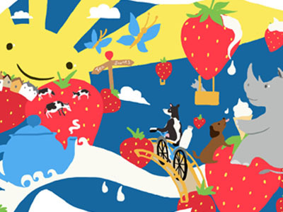 Strawberries & Cream a Rhinos Daydream bike charity clouds cottages cow cream dog ice cream illustration rhino strawberries sun