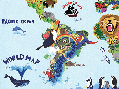 World Map birds collage frog illustration lion monkey penguin sloth toucan whale world map