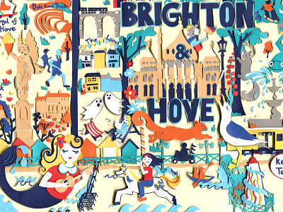 Map of Brighton (& Hove!) animal artwork brighton buildings collage illustration map art map illustration mermaid paper art paper cut seaside