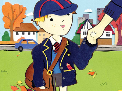 First Day at School autumn child children city collage editorial family illustration kid little boy magazine school