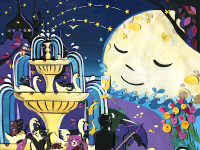 Night Gardens brighton cats collage couple fountain illustration jazz lanterns moon night time stars swans