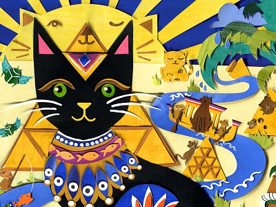 Carry on Cleo cat collage editorial illustration retro sun