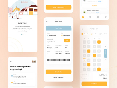 Train Ticket Booking Mobile UI book booking calendar download holiday illustration kit mobile app product screen seat ticket ticketing train travel ui ux vacation welcome