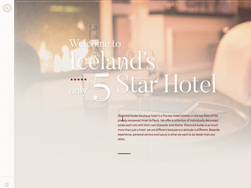 Diamond Suites menu animations animation hero hospitality hotel iceland list menu animation navigation one pager parallax serif