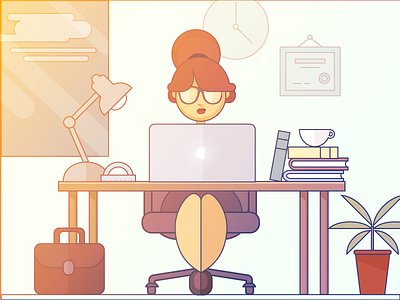 Office woman books computer glasses hair icon illustration laptop line office woman