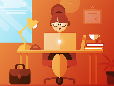 Office woman books computer glasses hair icon illustration laptop line office woman