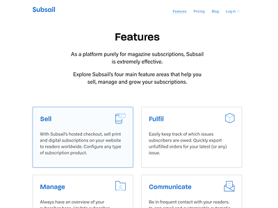 Updated Features page blue design icon magazines marketing subsail