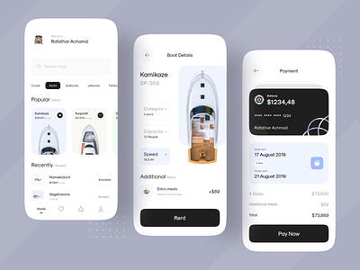 Boat Rental UI Design Apps black black white boat rental clean ui hologram payments rental app ui ui ux uidesign uiux uiuxdesign uxdesign white