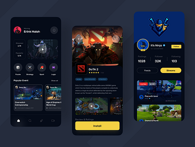 PlayZone - Game Center UI Kit apps dark mode dota game game streaming game ui gaming livestream match detail news social stream tournament uidesign uiux uiuxd uxdesign