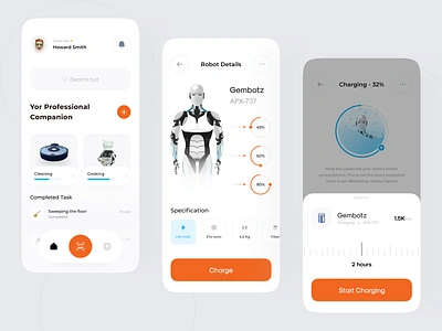 Personal Assistance Robot Apps apps battery clean ui electric future ui futuristic ui households ios apps measurement orange ui robotic ui robotics ui uidesign uiuxdesign ux uxdesign