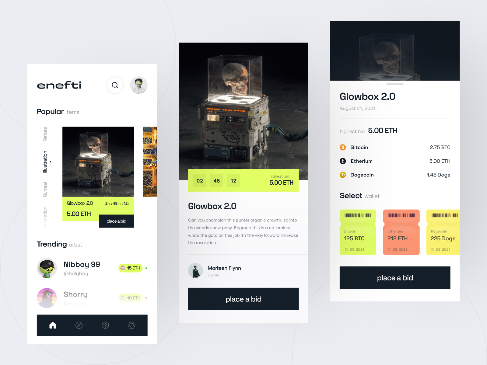 NFT Auction Apps bitcoin clean clean ui crypto dogecoin etherium illustration nftmarket rareitem token uidesign uiux ux uxdesign