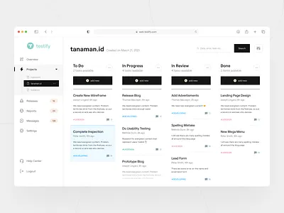 Testify - Issue & Bug Tracking Dashboard bug tracker clean dashboard clean ui dashboard developing issue tracker issue tracker jira kanban qa saas ui design ux design web apps