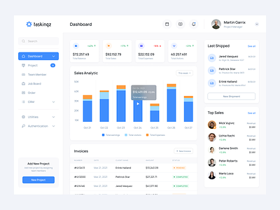 Taskingz – Task Management Dashboard chart clean ui dashboard dashboard design graph kanban shipping management statistic task manager task manager dashboard ui uidesign uiux uiuxdesign ux uxdesign webapps