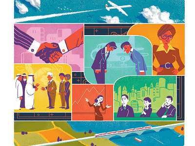 Foreign Affairs airplane bright brushstrokes business character characterdesign drawing editorial graphic illustration money texture train travel