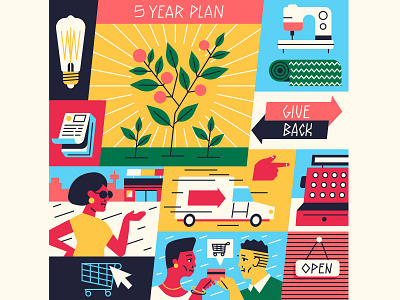 5 Year Plan cart character characterdesign editorial flat graphic growth illustration money shopping stores typography vector