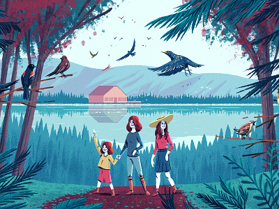 First days of Spring birds brushes character characterdesign children drawing editorial forest graphic illustration lake national parks texture trees woman