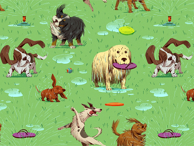 Fetch! brushstrokes character dogs drawing frisbee graphic grass illustration jumping pattern pattern design photoshop summer texture
